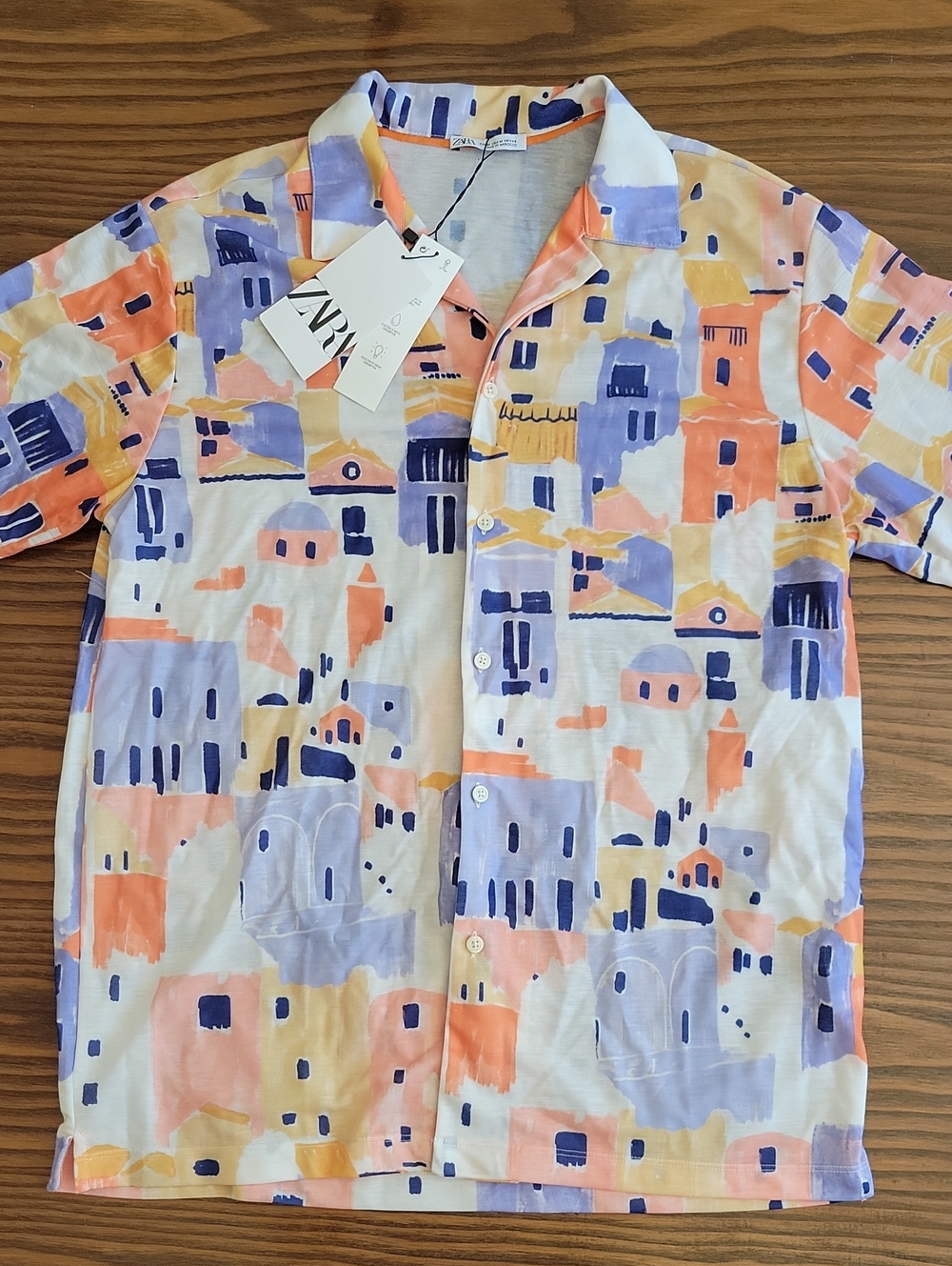 NWT -- ZARA Men's Short-Sleeve Shirt With Pastel Abstract City Print | Size: M